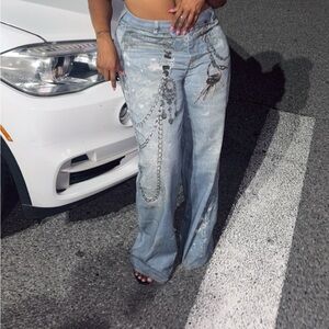 Fashion Nova Distressed Blue Jeans with Chain Accents